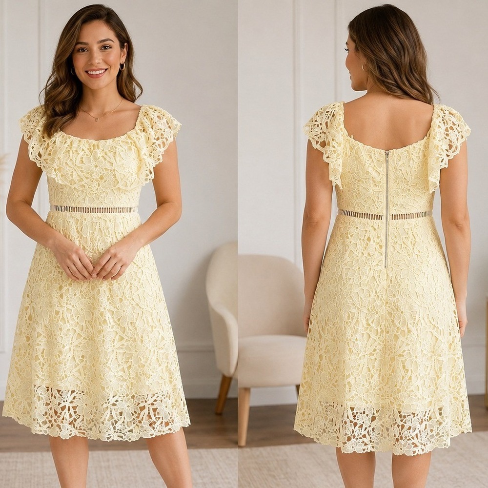 ASTR The Label Dress Medium Yellow Lace Ruffle Midi Cottagecore Coquette Boho
